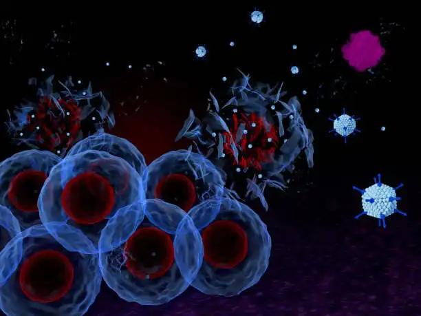 3d Render of Oncolytic Adenoviruses Destroying Tumor Cells