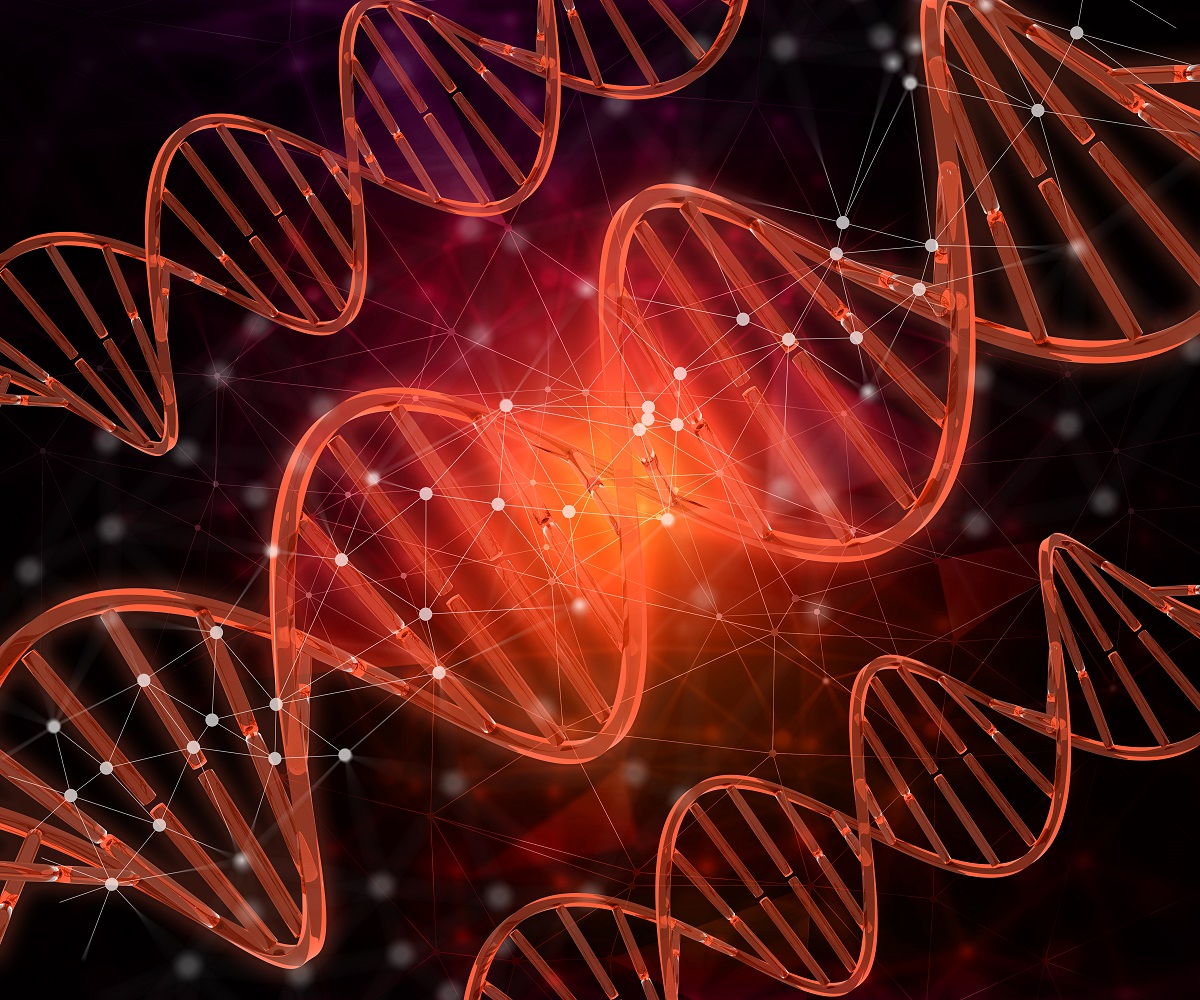 3D render of DNA strands Connecting lines and Dots